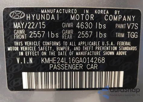 2016 Hyundai Sonata Hybrid Se from USA, damaged, VIN KMHE24L16GA014268